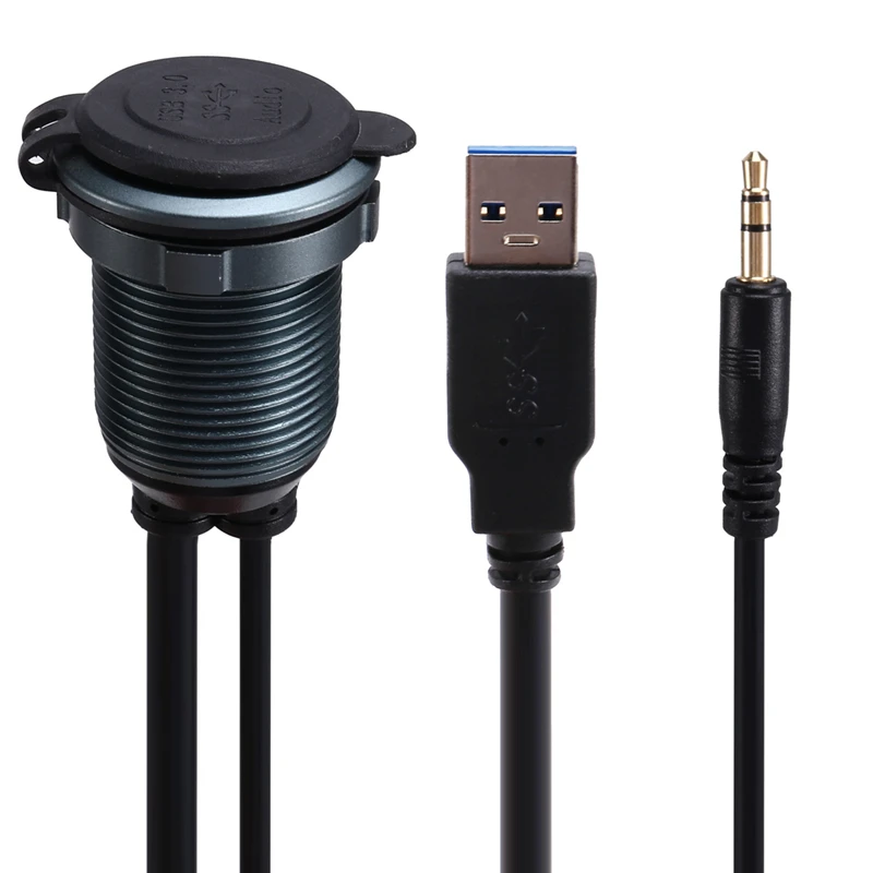 Dashboard USB 3.0+3.5Mm Jack Male To Female Extension Cable Flush Mount Panel Aluminum Alloy With Indicator Light