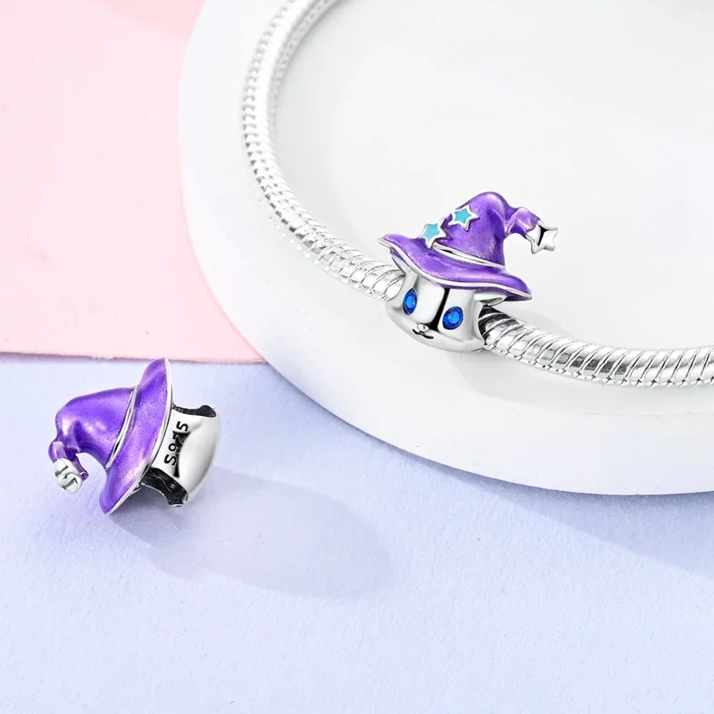 Original Charms 925 Silver Purple Magic Hat Cat Pendant Fit Charms Plata 925 Bracelets for Women Women Jewelry Making Diy