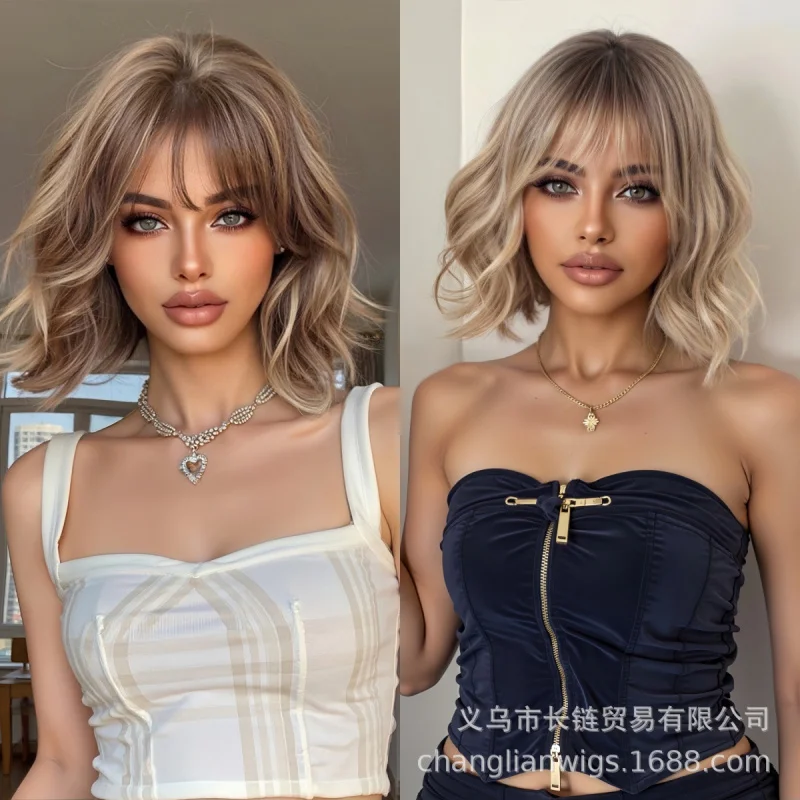 

New stylish goddess wig, brown with air bangs, short curly hair, summer fresh naturally voluminous, European and American st