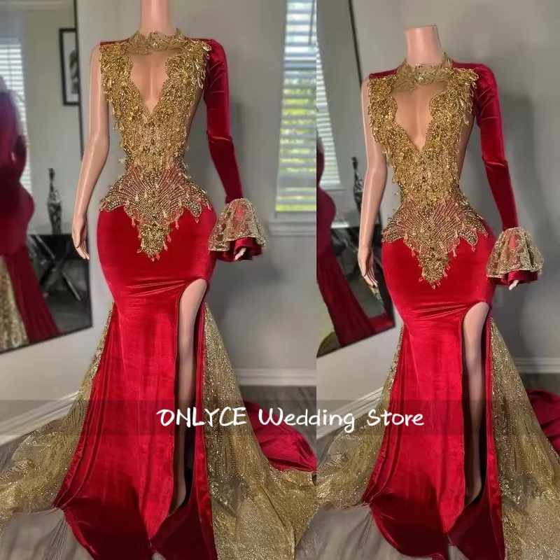 

Elegant Red With Gold Crystal Rhinestones Train Prom Dresses 2026 For Black Girl High Slit Luxury Evening Dresses Customized