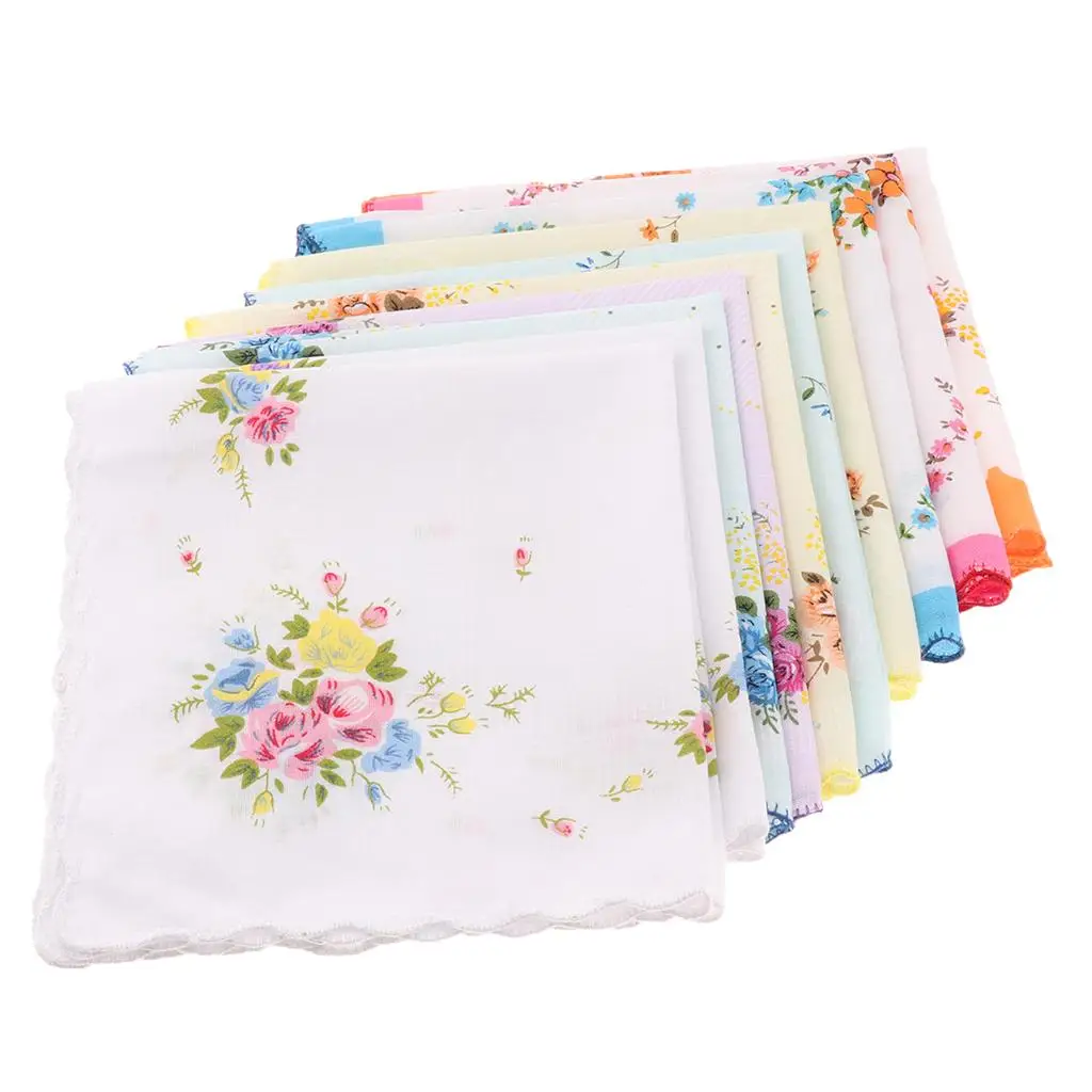 10x Women Cotton Printed Handkerchief Hanky Kerchiefs Pocket Square Blossom Design with Wavy Edge Women Handkerchiefs