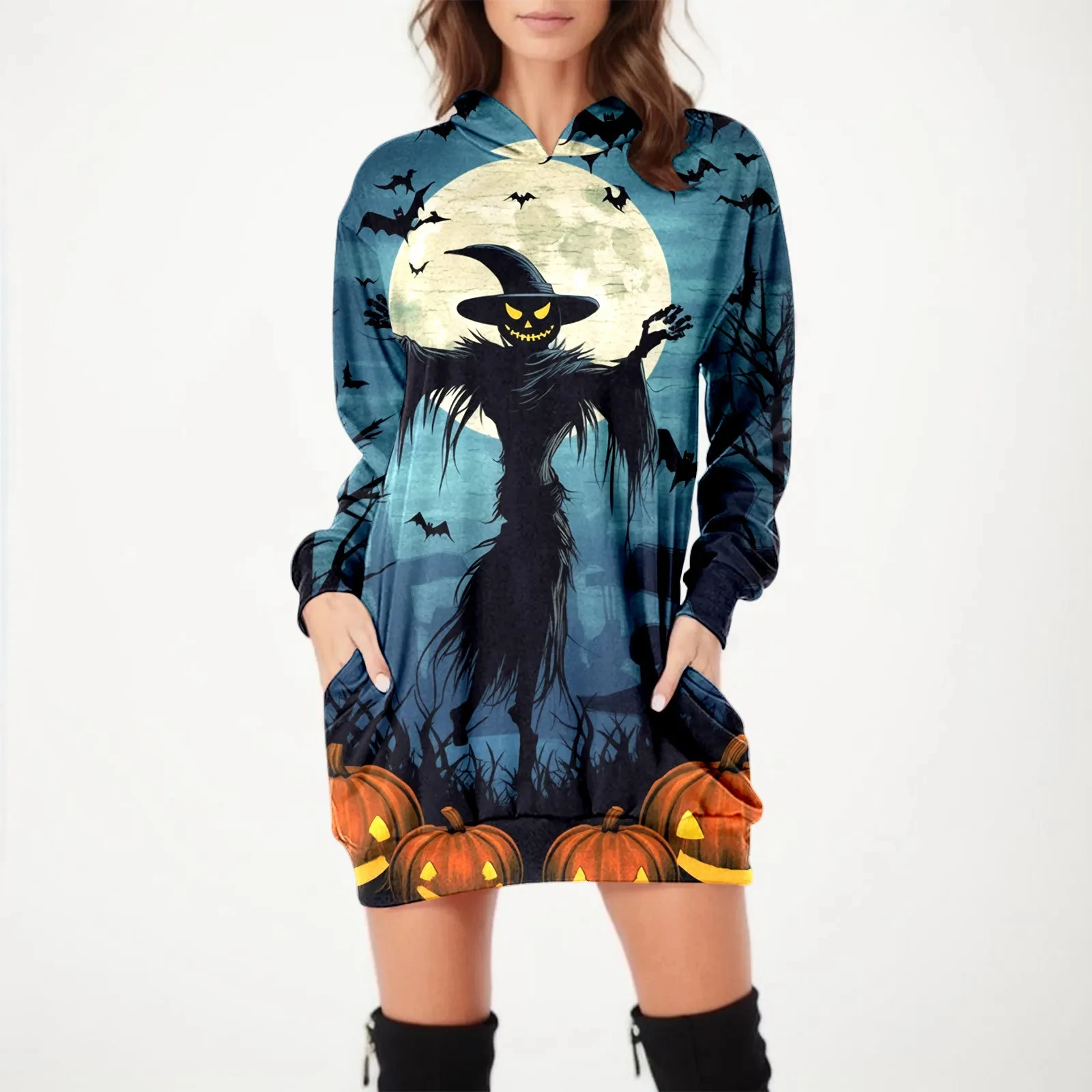 Robe à capuche imprimée en polaire noire pour femmes, sweats à capuche d'horreur, pull à manches longues, t-shirt de poche, Halloween, automne, 03