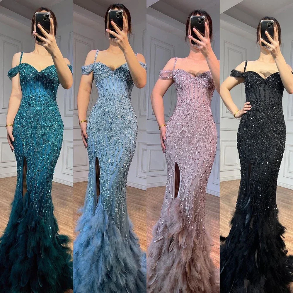 Serene Hill Green Mermaid High Split Off Shoulder Evening Dresses Feather Beaded Gowns Long 2024 For Women Party LA71650A