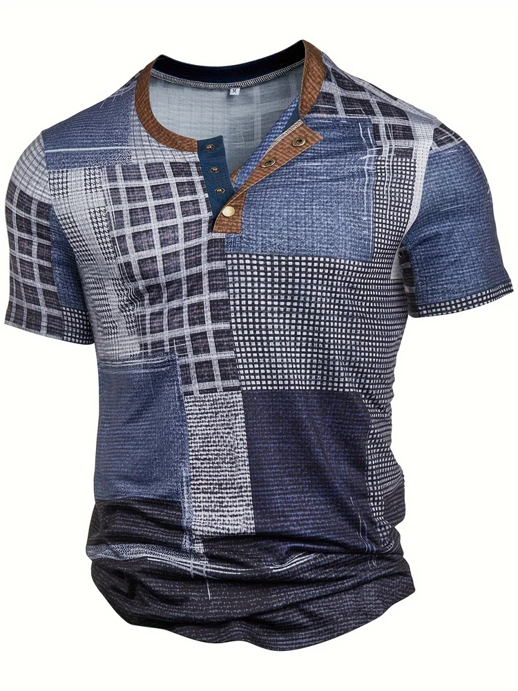 New Men's Vintage Denim Printed V-Neck Short Sleeve Fashion Regular Fit Henley T Shirt Top Spring Summer Vacation Wear Clothing