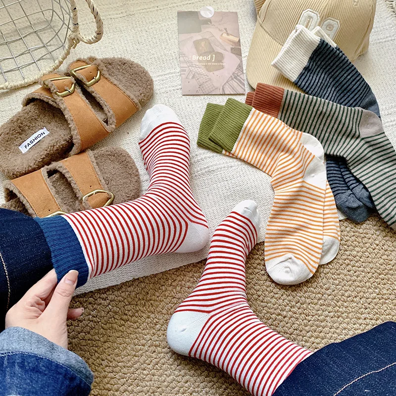 SP&CITY College Style Winter Striped Middle Tube Socks Women\'s Mid Length Harajuku Casual Socks Fashion Daily Colored Sock