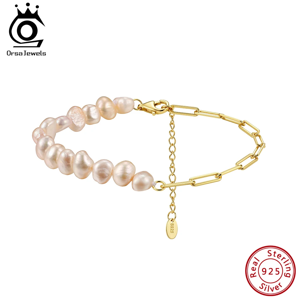 

ORSA JEWELS 925 Sterling Silver 3 Colors of Pearls Paper Clip Link Chain Bracelet for Women Fine Retro Pearl Jewelry GPB57
