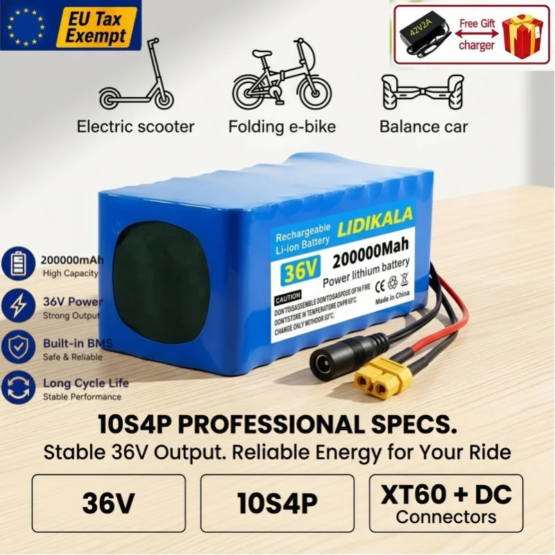 36V 10S4P 18650 Lithium-Ionen-Akkupack, Wiederaufladbarer Li-Ionen-Akku mit XT60 & DC-Anschluss, Hochleistungsakku für Elektroroller E-Bike