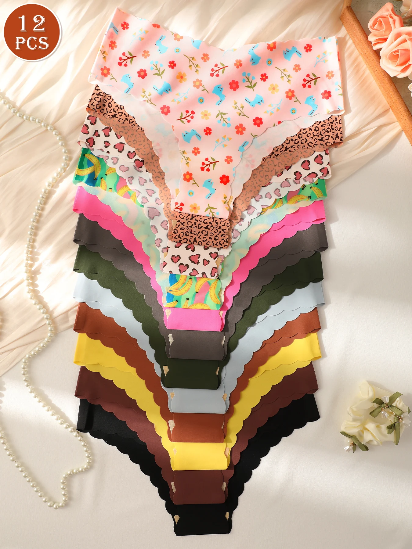 

12 шт./упак. женские треугольные трусики с волнистыми краями, сексуальные и удобные, разноцветные принты