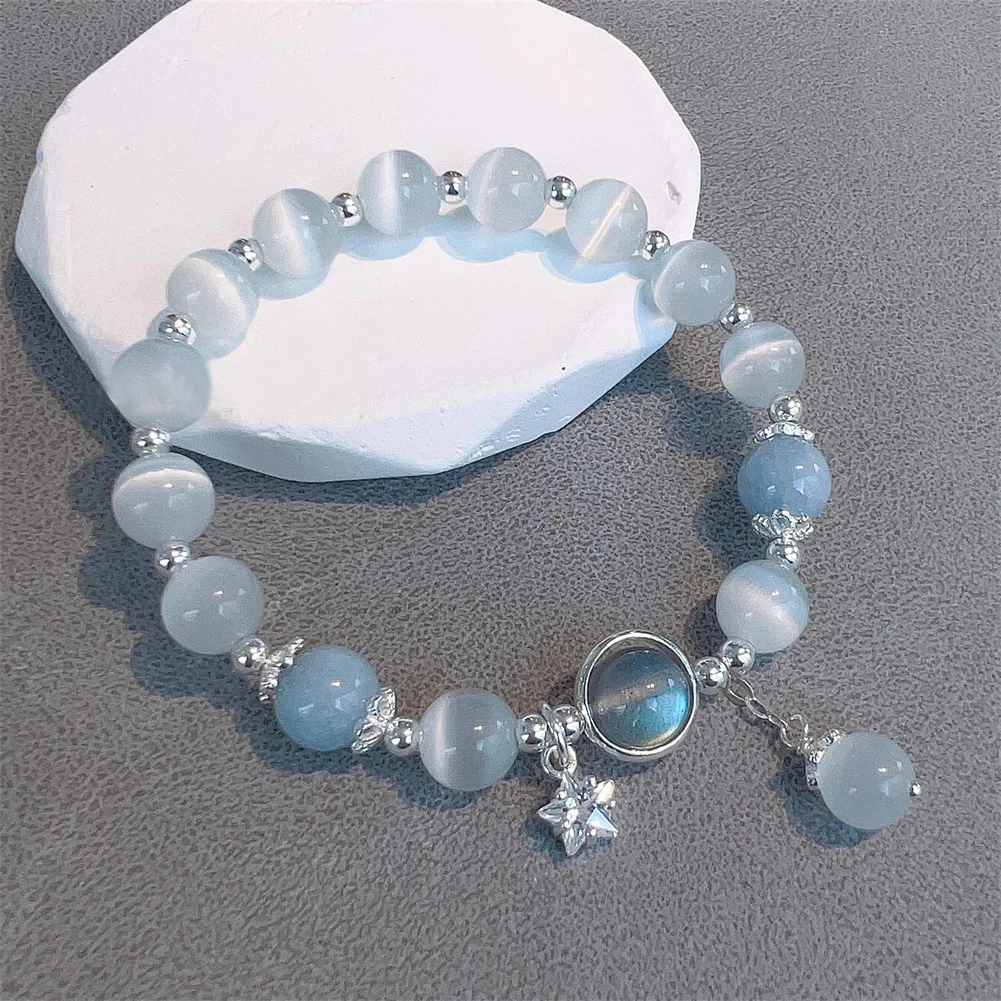 Luxury Ins Moonstone Bracelet With Star Beads Charming Silver Cat's Eye Stones Moonstone Crystal Bracelet Dreamy Accessories