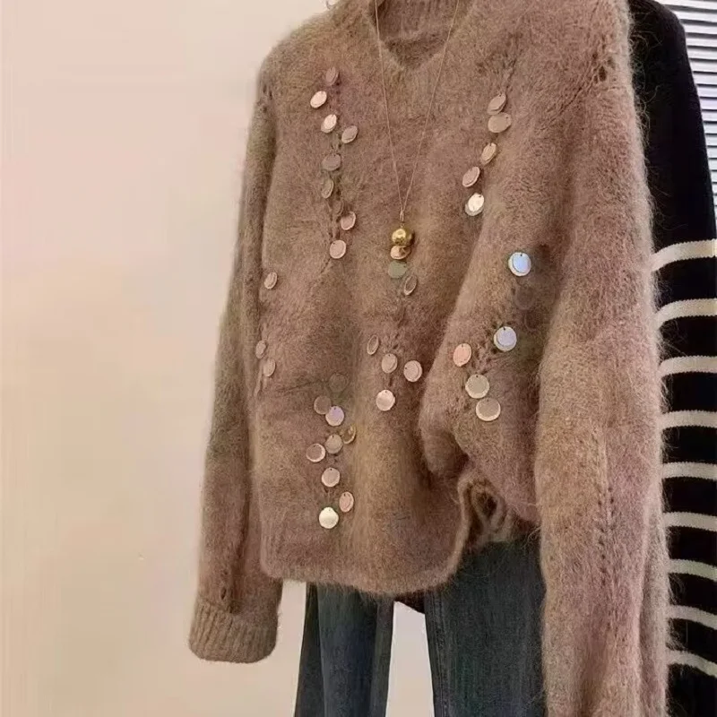 Womens Sequined Knit Pullover Sweater For Spring Autumn