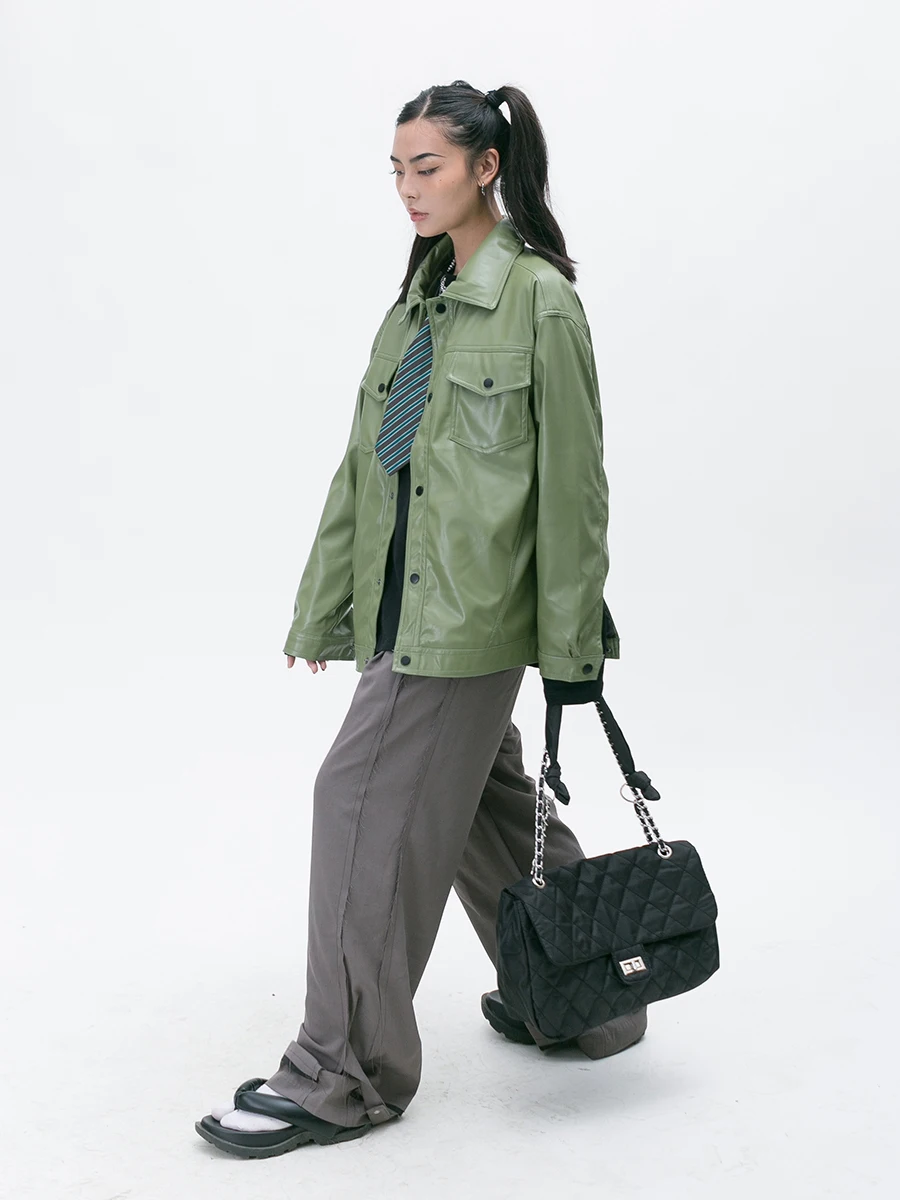 Street Style Loose Casual Leather Jacket Women's Trendy Lapel Leather Coat Fashion Single Button Outerwear Blackbbbf