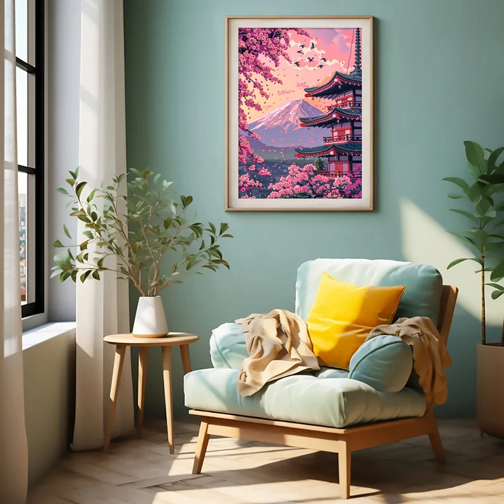 Digitale Landschaft, Diamantmalerei, Kirschblüten-Turm, Zuhause, Wandkunst, Dekoration, Kunsthandwerk, DIY-Geschenk, geeignet für Erwachsene, Anfänger – Detail 5