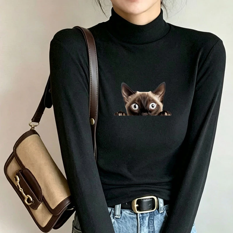 2026 New Autumn Winter Thermal Brushed Fleece Long Sleeve Graphic Print T shirt Blouses Female Warm Shirt Women Top