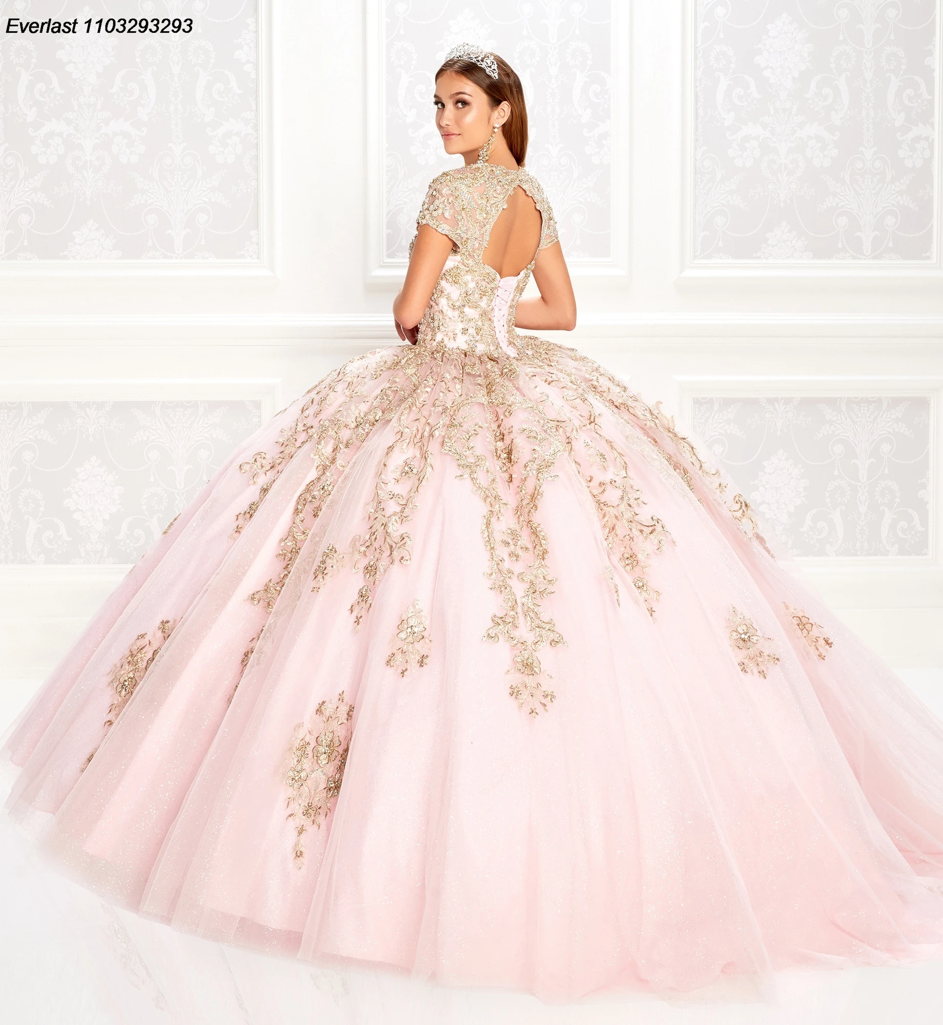 EVLAST Sparkly Blush Pink Quinceanera Dress Ball Gown Gold Lace Applique Crystals Bead corsetto Sweet 16 Vestido De 15 Anos TQD346