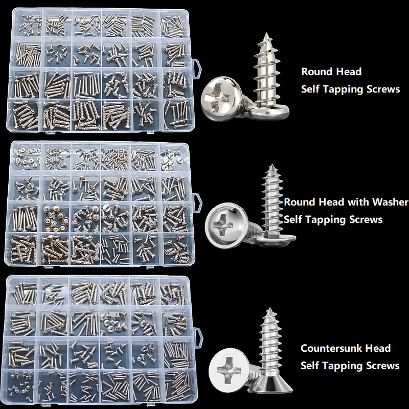 Self Tapping Wood Screw Assortment Kit Phillips PA Round Pan / KA Flat Countersunk / PWA with Washer Pad Collar Head Screw Sets