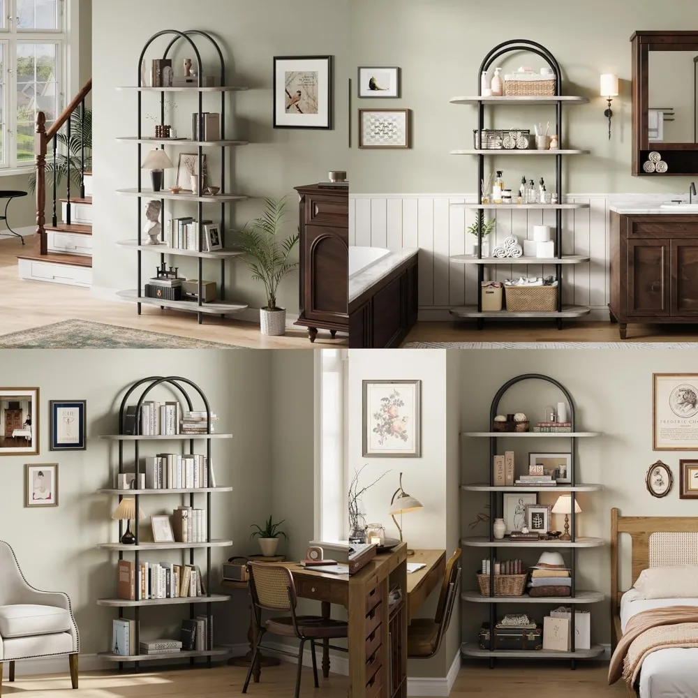 5-Tier Arched Bookshelf with Metal Frame for Home Display and Storage