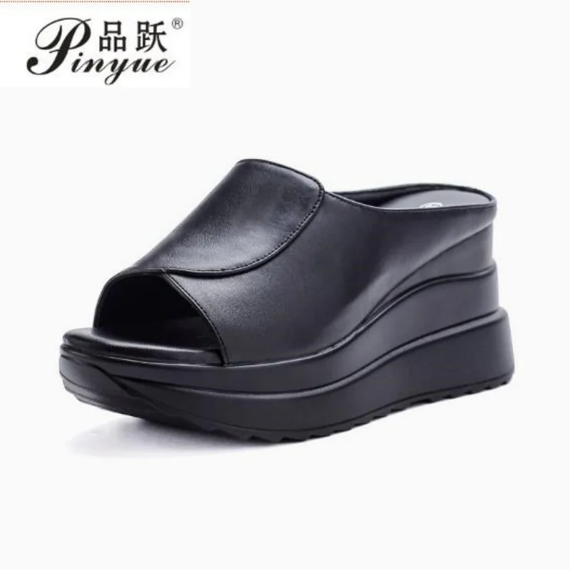 

8cm Women Genuine leather Sandals Slippers Black Wedge Platform Open Toe Women Orthopedics Thick Bottom Beach High Heels Slides