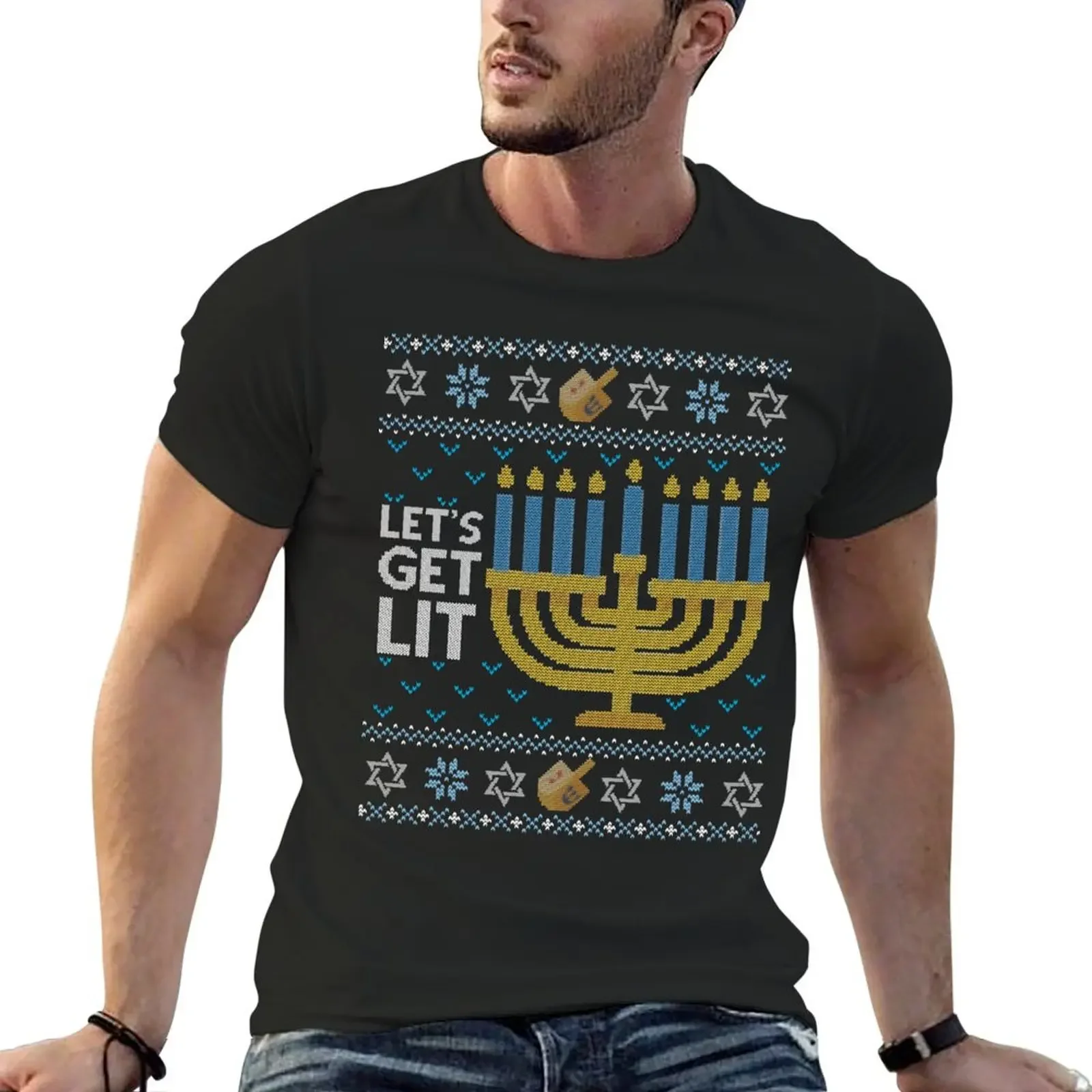 Funny Ugly Hanukkah Sweater, Let's Get Lit drinking T-Shirt korean fashion aesthetic clothes black t-shirts for men