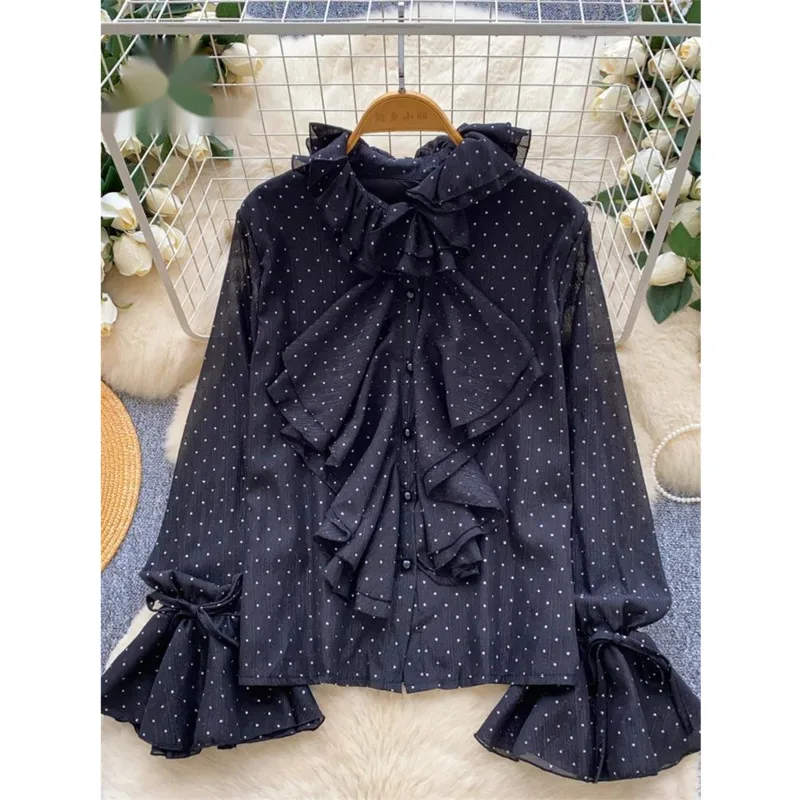 

Осенняя рабочая одежда, шифоновая блузка с оборками, расклешенные рукава, рубашка с блестками на шнуровке, женский топ в горошек во французском стиле