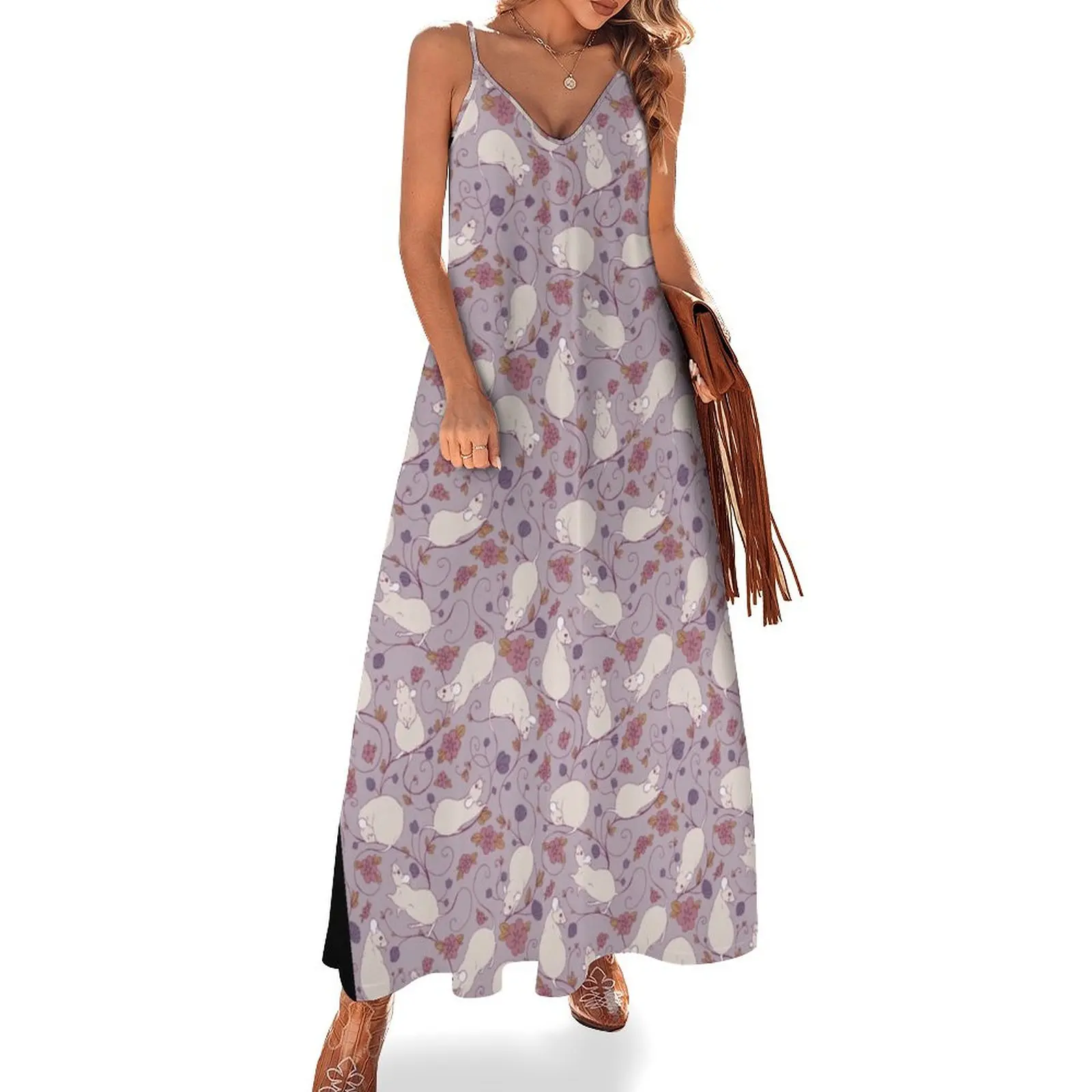 

Floral Rat Pink and Purple Sleeveless Long Dress dress korean style Women's summer skirt Dress