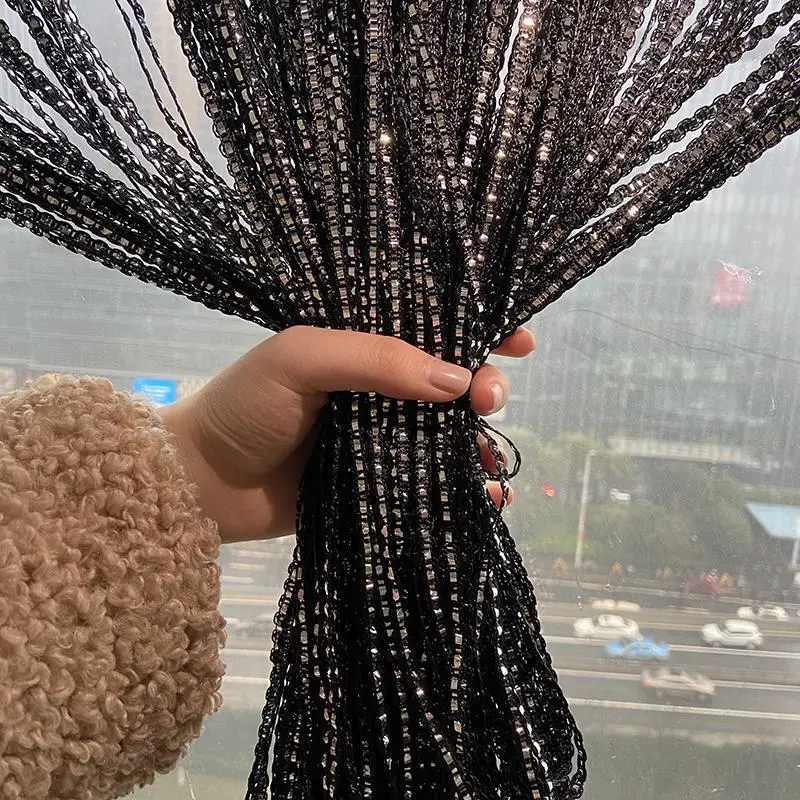 1pcs/set 100x200cm Premium Glitter String Curtain with Silver Ribbon & Sparkling Fringe - Decorative Window/Room Curtain + Rod