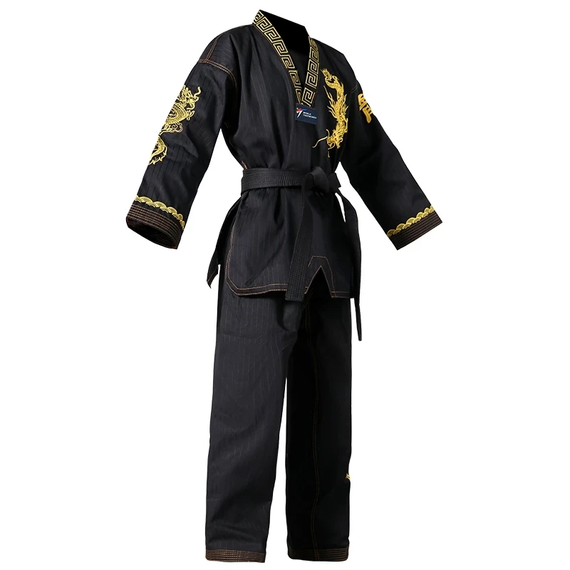 High Quality Taekwondo Uniform Black WT Dobok Tae Kwon Do MMA Martial Arts Karate Suits Embroidered Dragon Pattern