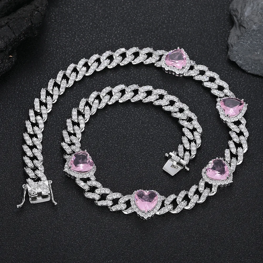 Cuban Chain for Women 10Mm Pink Zircon Love Jewelry Men's Hip Hop Cuban Peach Heart Ladies