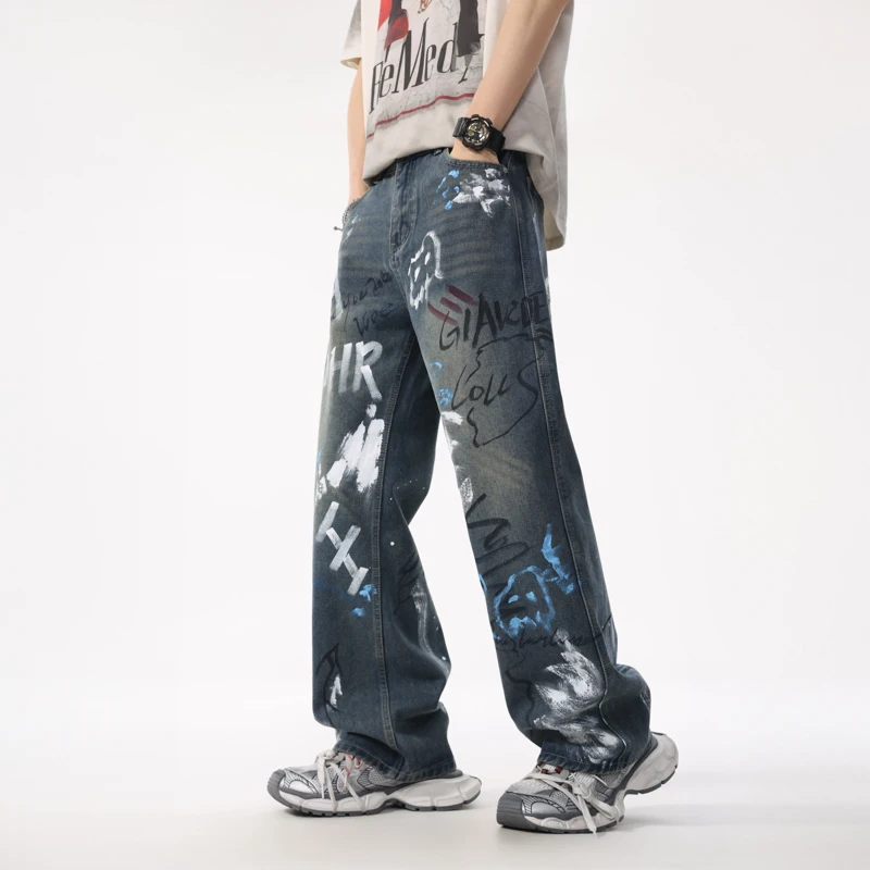

XL8875 European summer tide jeans loose graffiti straight trousers high street retro washed nostalgia trousers