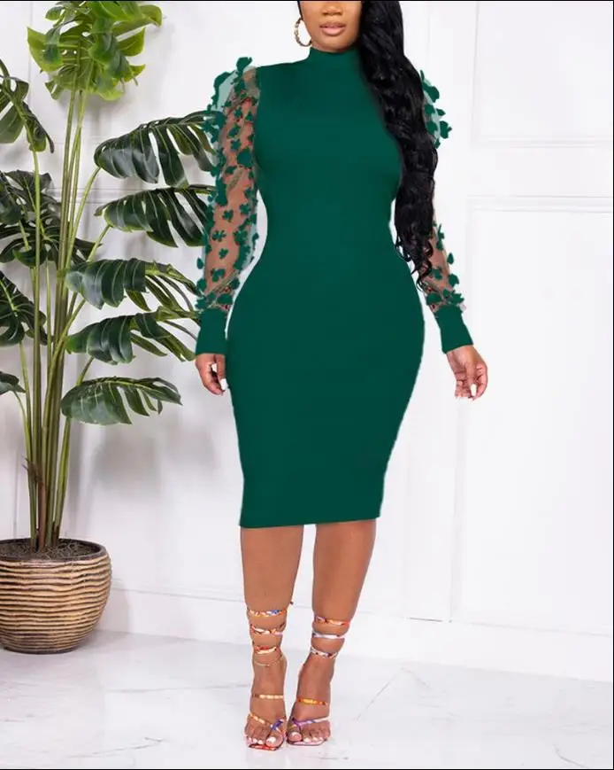 Women's Fashion Elegant Contrast Mesh Puff Sleeve Ribbed Midi Skirt Autumn 2025 New Women's Dress