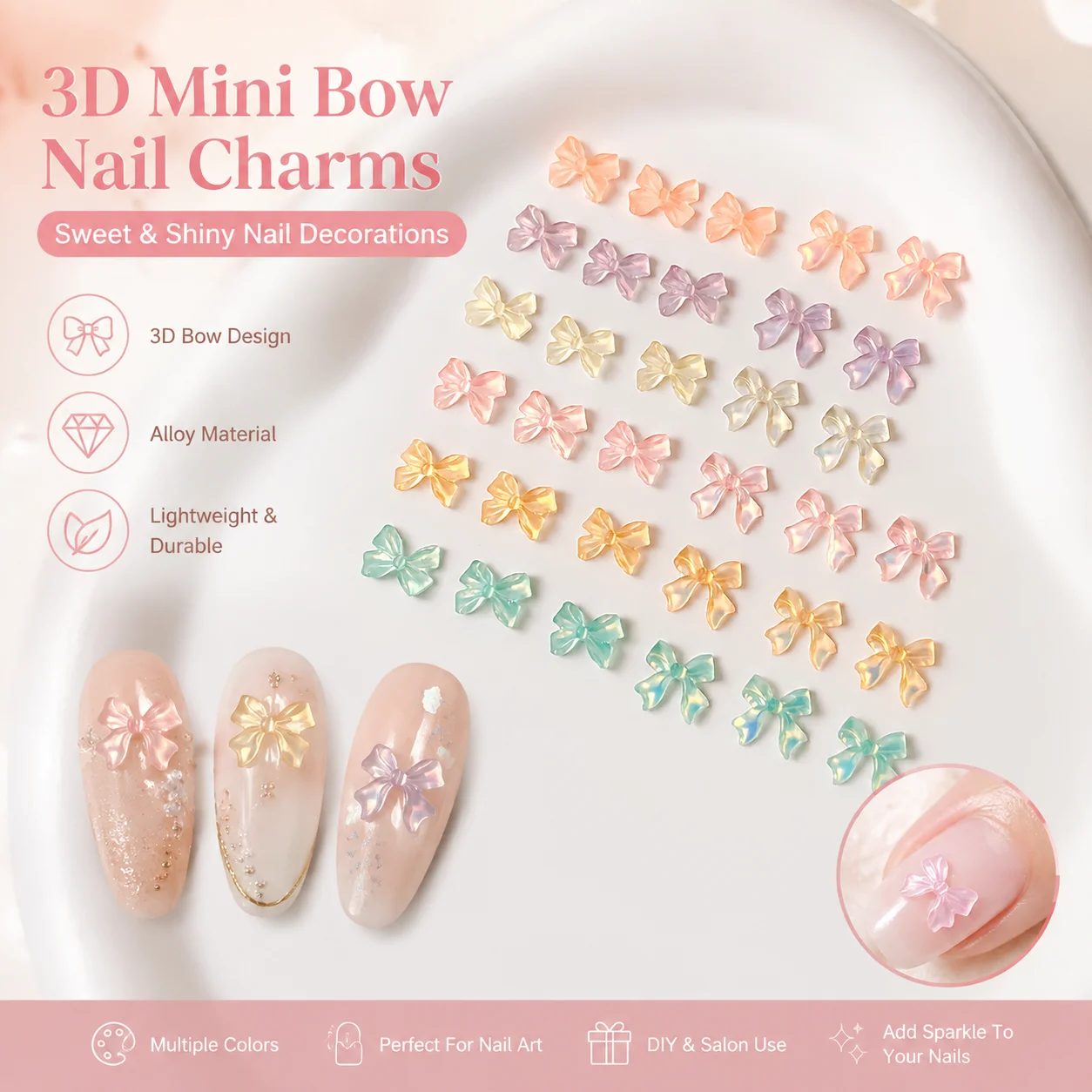 50PCS Aurora Bow Nail Charms 3D Cute Resin Bow Nail Art Decoration Macaron Crystal Ribbon Parts DIY Manicure Accessories
