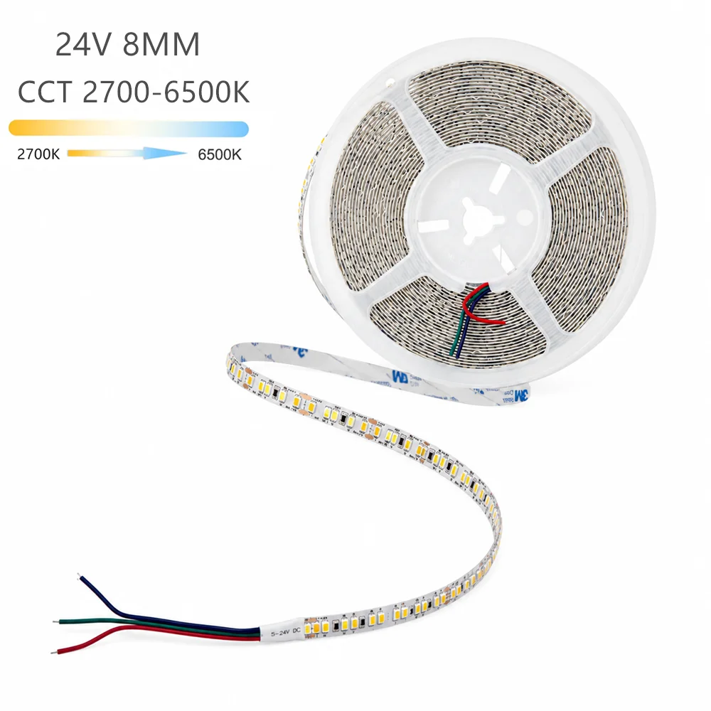 Bande LED CCT 24V de 10 mètres, 2700K à 6500K, ruban LED à changement de couleur, dimmable, bicolore, lumière linéaire double couleur 2835