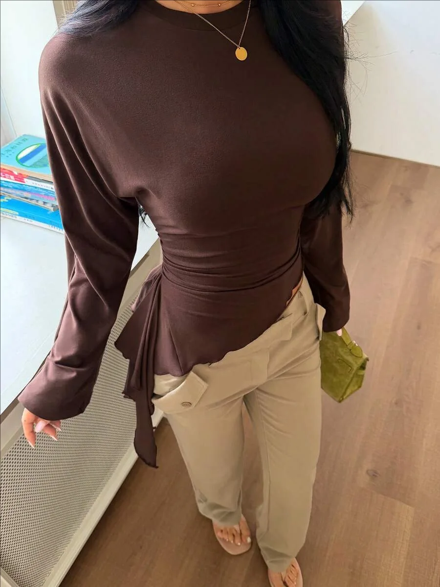 Women Burgundy Crew Neck Long Sleeve Slim Top Asymmetric Ruffle Hem Bodycon Tee Casual Streetwear Club Party Crop Shirt for Her