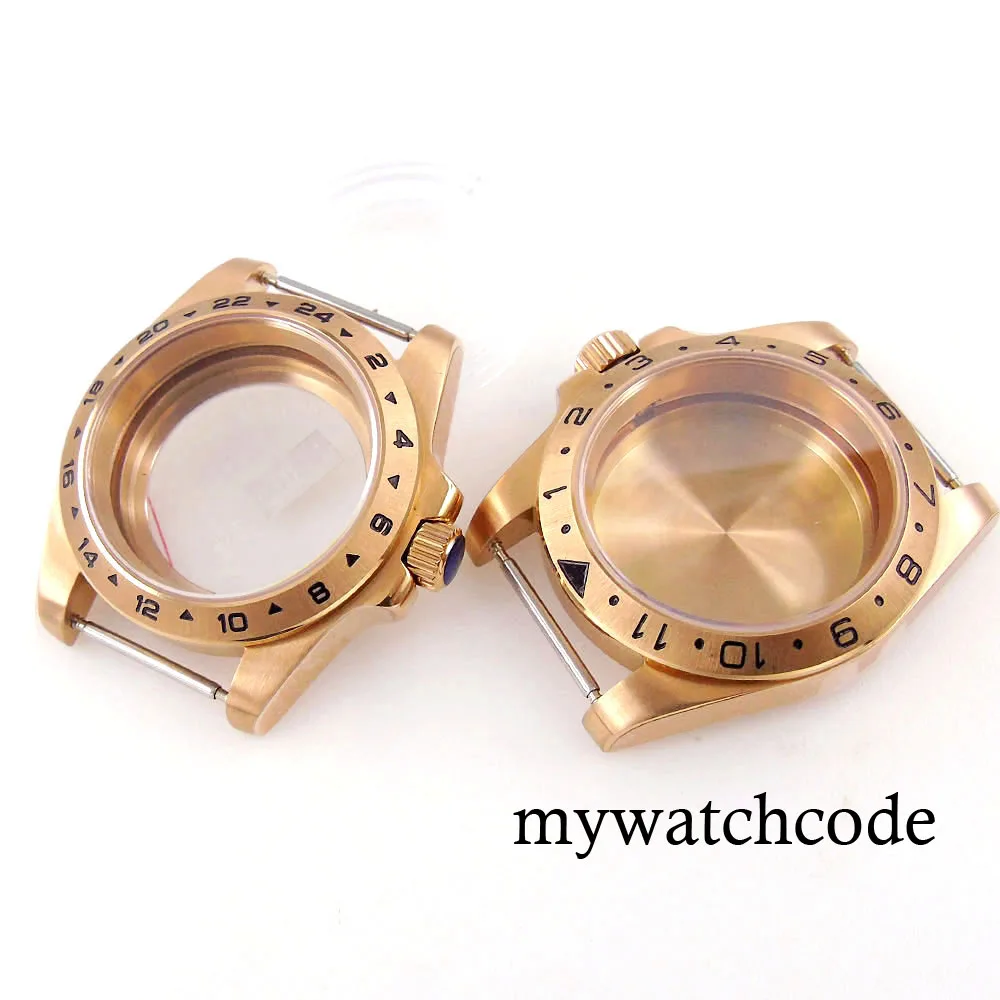 GMT Master-Rose Case relógio de ouro e pulseira, Movimento Caseback vidro, 24H moldura, 40mm, NH34, NH35, NH36, NH70, NH72