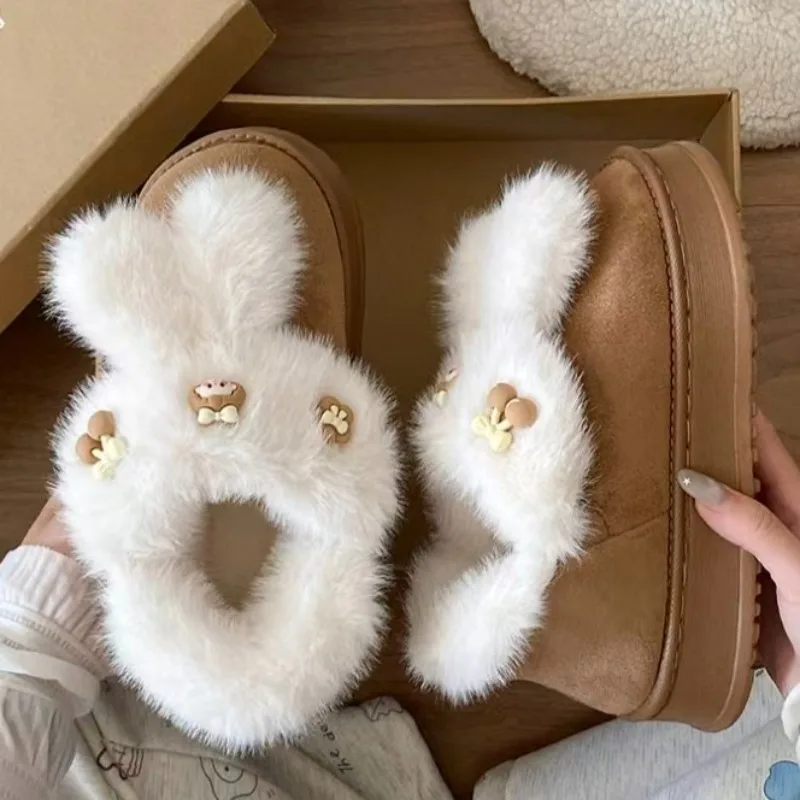 

New Fashionable Cute Rabbit Ear Decoration Round Head Elegant Snow Boots Winter Flat Shoes Soft Student Warm Women's Shoes