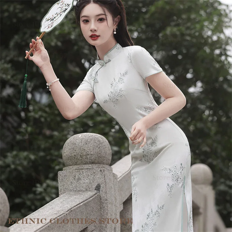 

Oriental Clothes Print Flower Satin Cheongsam New Chinese Style Dress Traditional Classic Long Qipao Sexy Vestidos Party Dress
