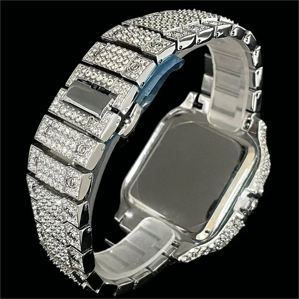 MISSFOX Ice Out Square Wristwatch For Men Top Brand Luxury Full Diamond Mens Watches Waterproof Hip Hop Clock Hot Sale For Gift