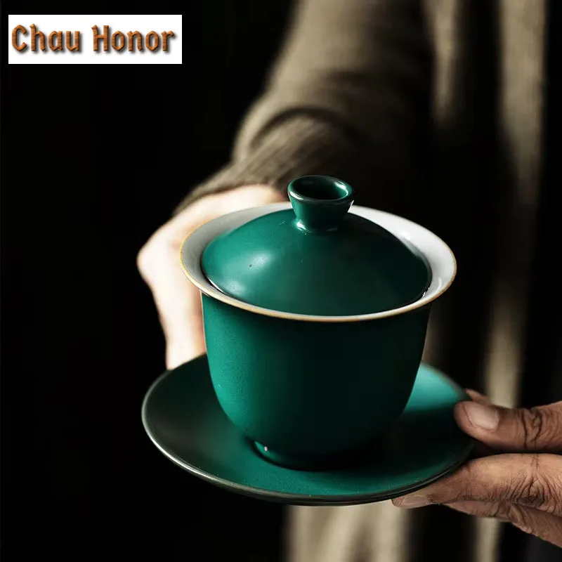 160ml Japanese Style Turquoise Coarse Ceramic Sancai Covered Bowl Tea Cup Household Kung Fu Tea Set Tea Making Bowl Tea Ceremony