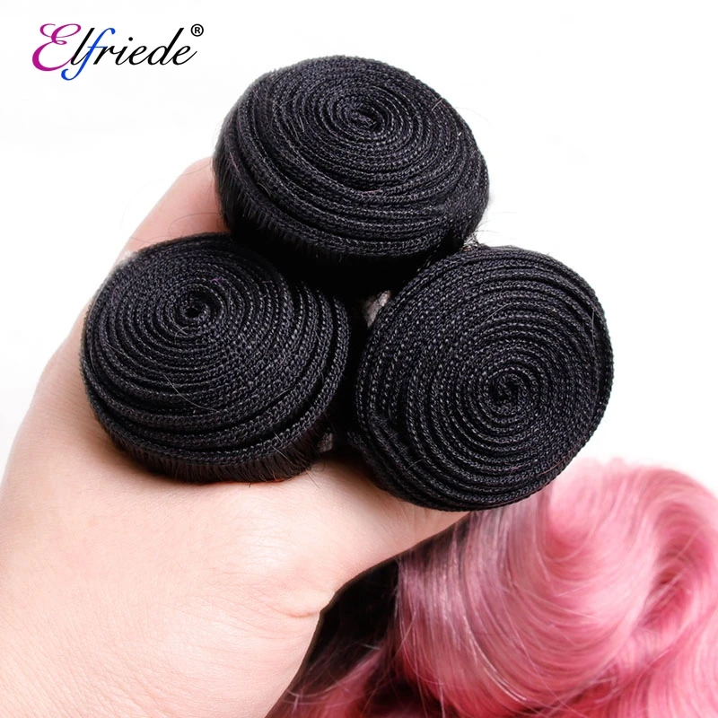 Elfriede #1B/Rose Pink Body Wave Precolored Hair Bundles with Closure 100% Human Hair Wefts 3 Bundles with Lace Closure 4x4