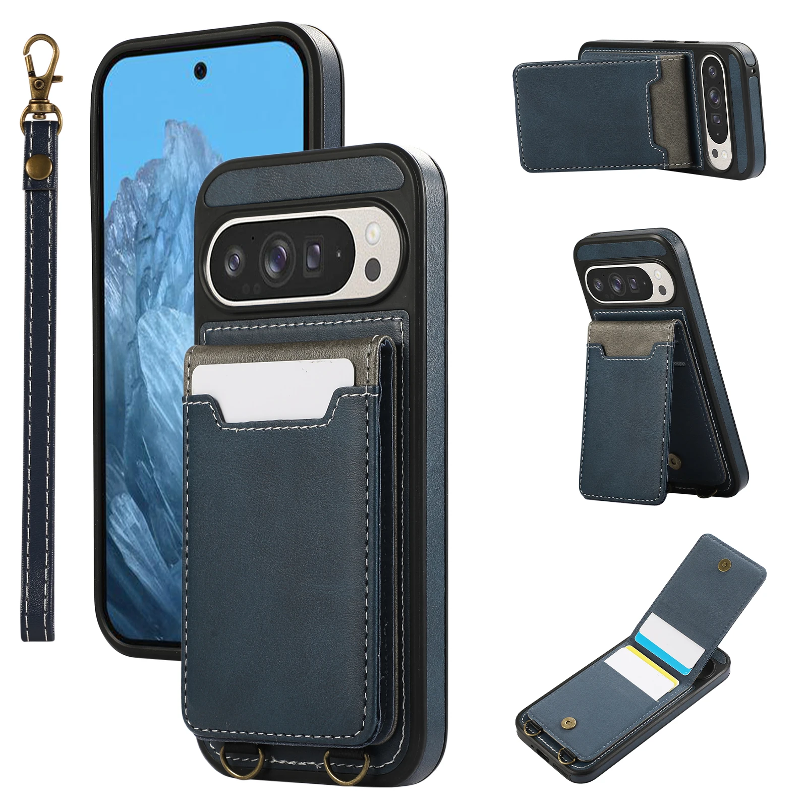 

Shockproof Leather Card Holder Wallet Case for Google Pixel 9 Pro 8, Flip Kickstand Cards Slots Pocket Cases Cover with Lanyard