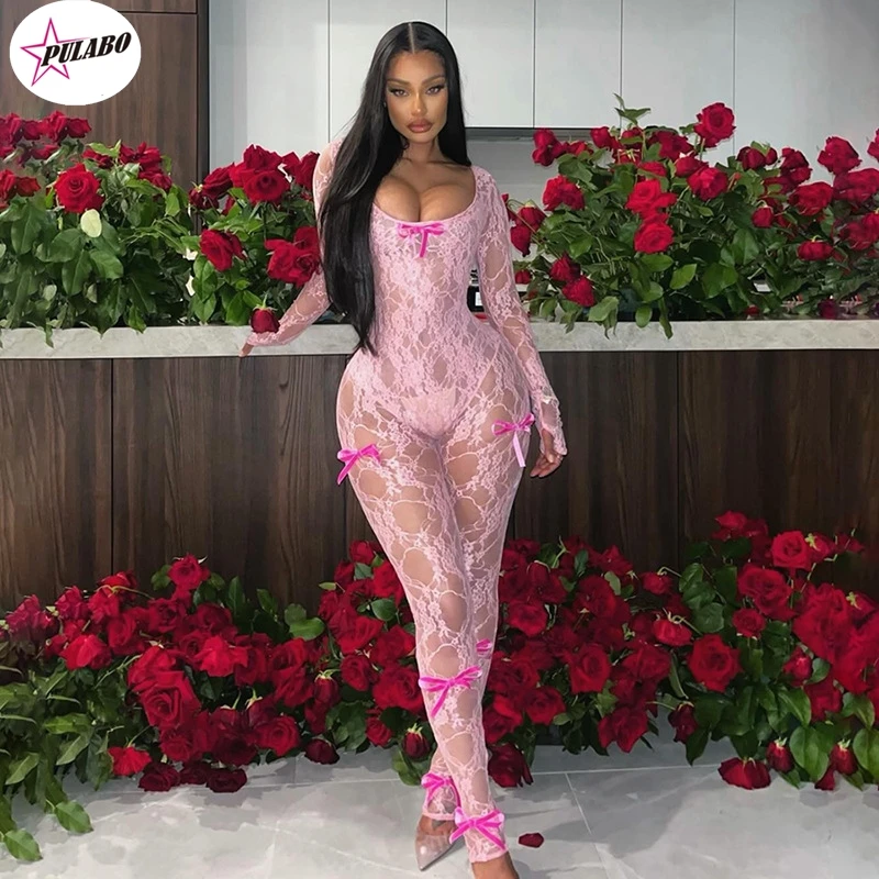 

PULABO See Through Jumpsuit Sexy Women Summer Fashion Coquette Low-Neck Midnight Clubwear Skinny Elastic Workout Overalls