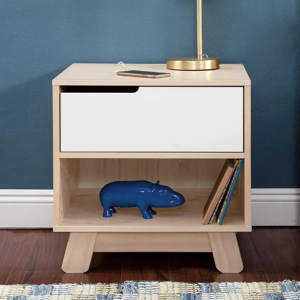 Nightstand with USB Port in Washed Natural and White, 1 Drawer and Storage Cubby