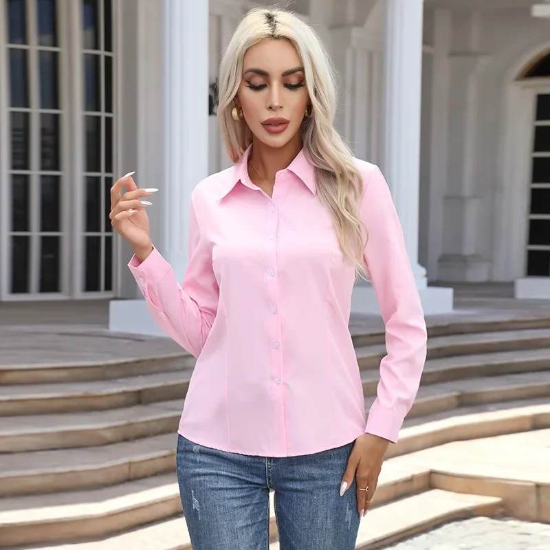 Women\'s Solid Color Long-sleeved Shirt Temperament White-collar Business Casual Commuter Shirt Slim Button Lapel Work Shirt