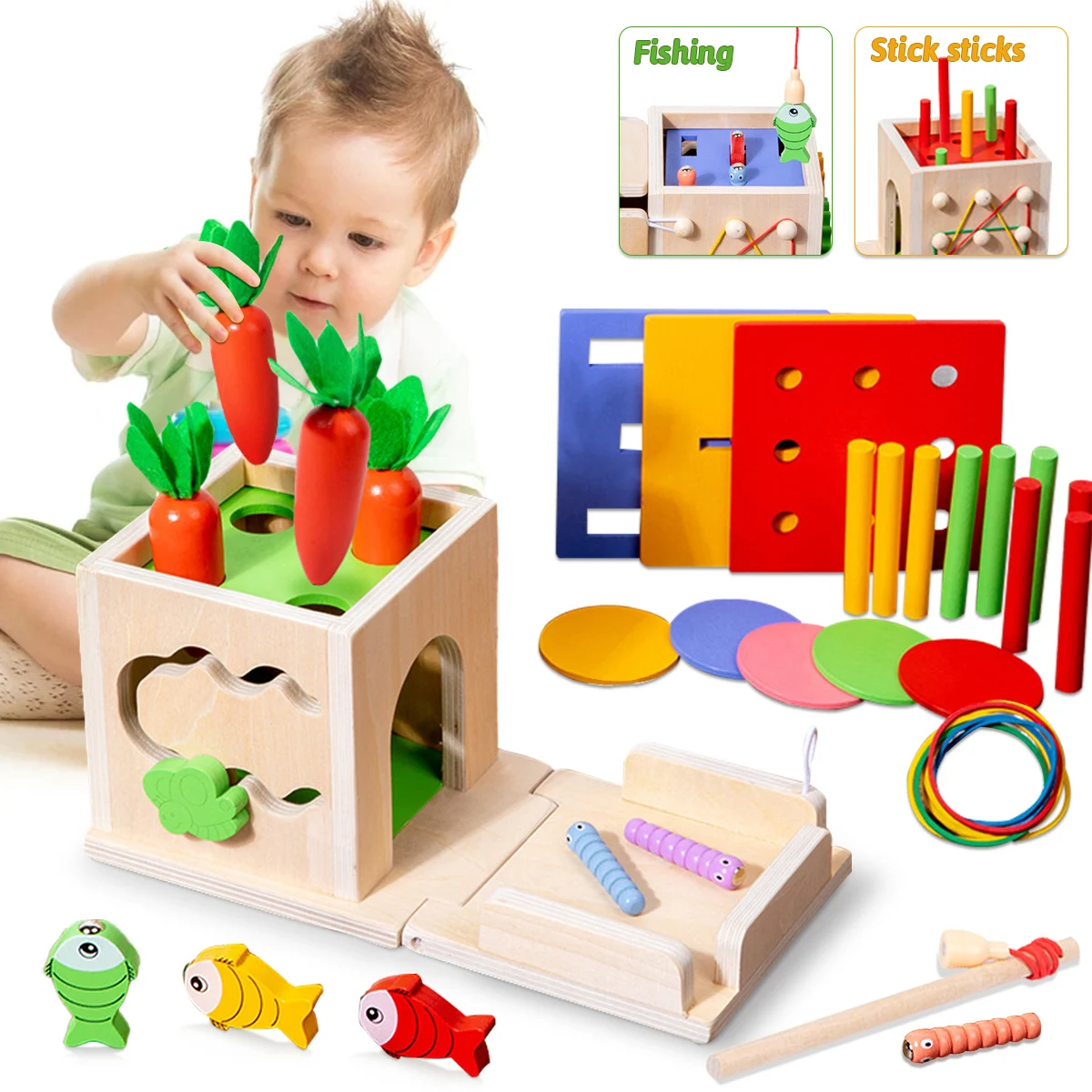 8 In 1 Montessori Permanence Box Carrots Toys Child Wooden Shape Sorting & Matching Educational Toys For Kid Over Age 1-Year-Old