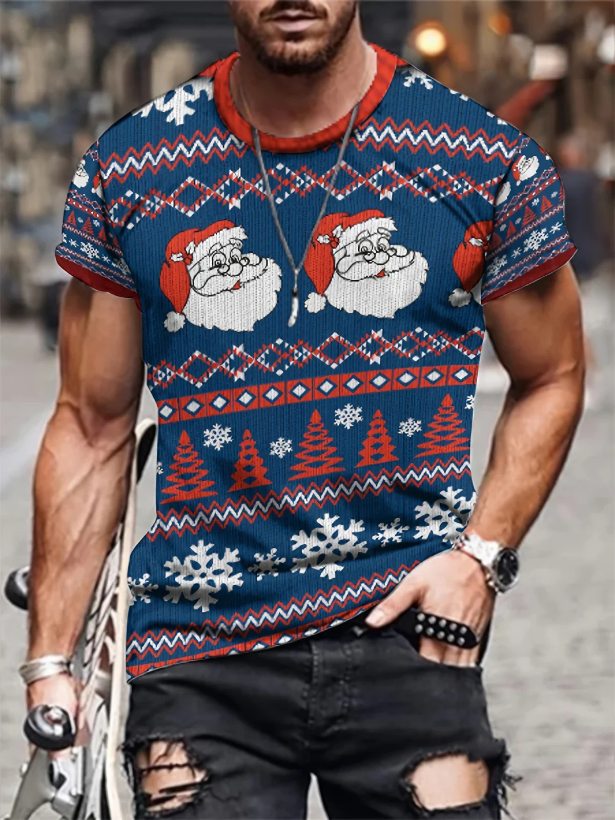 Men's Santa Graphic Print T Shirt Christmas Crew Neck Tops Funny T Shirts Short Sleeve Oversized Gym T-Shirt Man Fashion Clothes