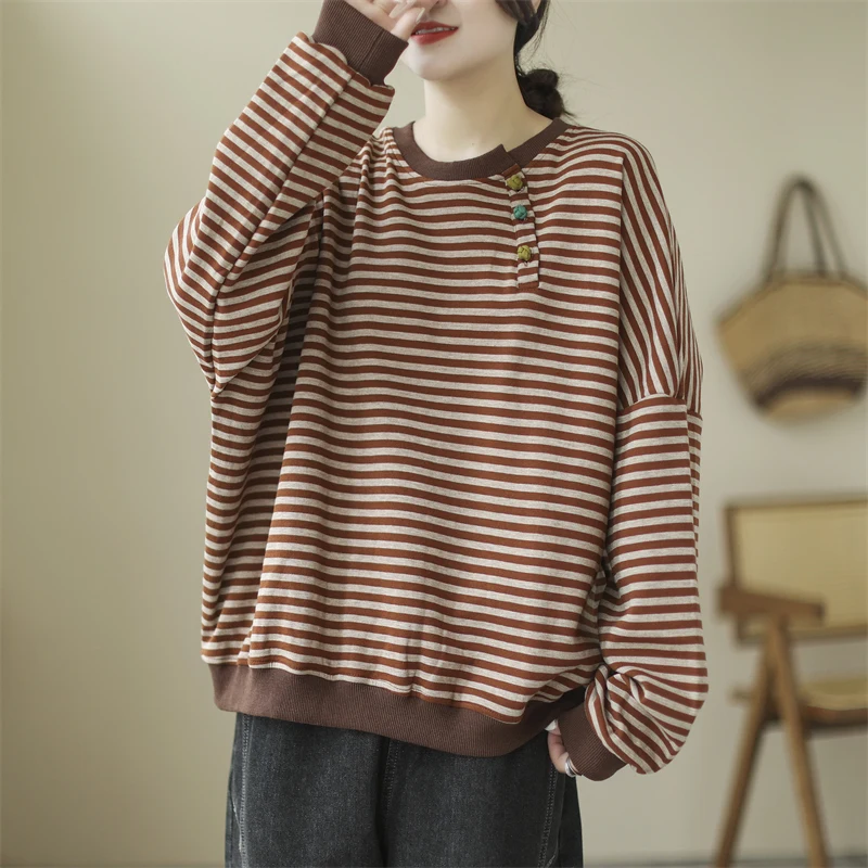 Tamanho grande listrado abotoado moletom feminino primavera outono 2025 moda solta casual pulôver simples manga comprida em torno do pescoço topo
