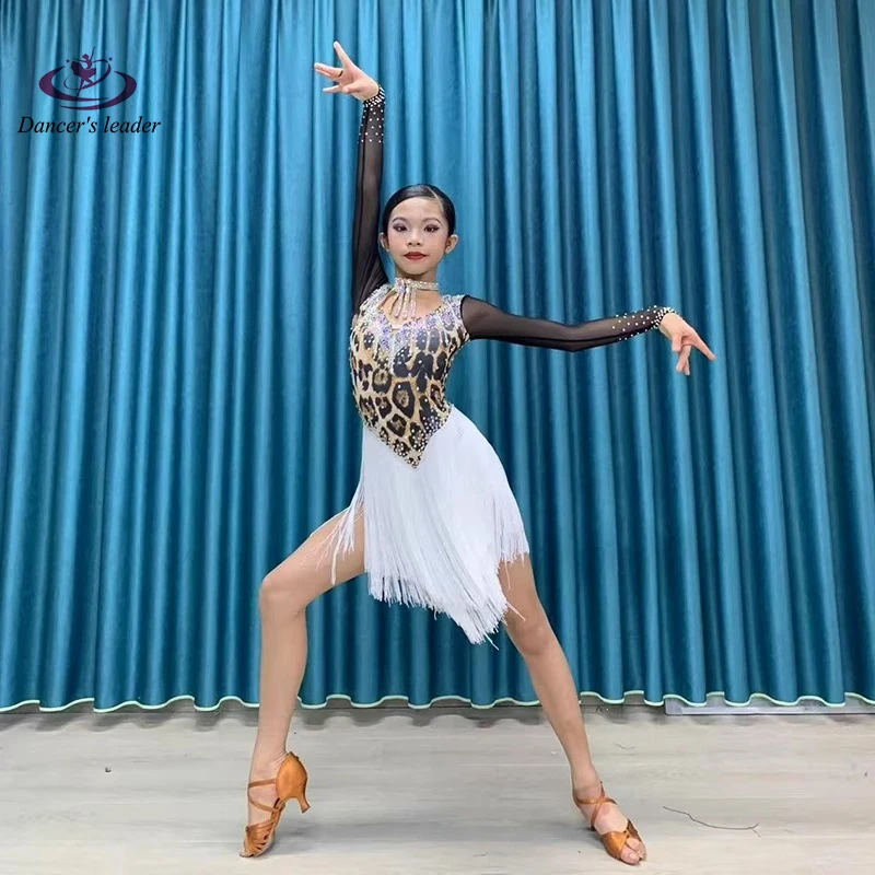 ชุดเต้นรำละติน, ประดับด้วยคริสตัล, ชุดเดรสลายดอกไม้พิมพ์ลายเสือดาวสั่งทำพิเศษระดับไฮเอนด์สำหรับผู้ใหญ่และเด็ก, ชุดแสดงแซมบ้า