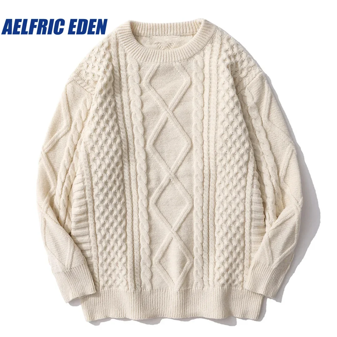 Aelfric Eden Solid Color Woven Pattern Knit Sweater Y2K Streetwear Hip Hop Sweaters Autumn Harajuku Fashion Retro Casual Sweater