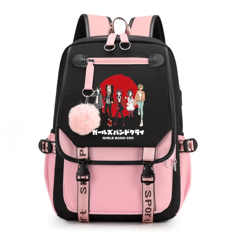 New Anime GIRLS BAND CRY Pattern Backpack Teenage Street Rucksack High Quality USB Zipper Backpack Anime Backpacks