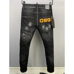 Schwarzer Reiß verschluss Streetwear Männer Ikone Jeans elastisch zerstört zerrissene Jeans hose lackiert gespleißt Designer Hip Hop Punk dsq2 Hose