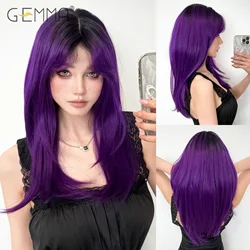 GEMMA Long Straight Dark Purple Synthetic Layered Wig with Bangs Christmas Cosplay Lolita Hair Wigs for Women Heat Resistant